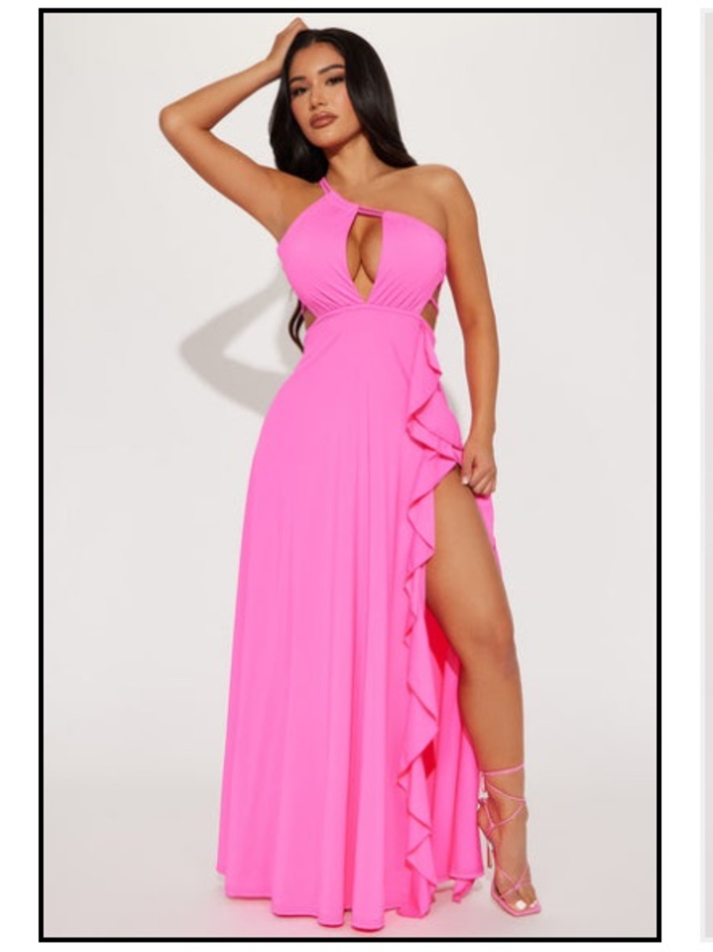 Fashion Nova One-Shoulder Ruffle Maxi Dress in Hot Pink